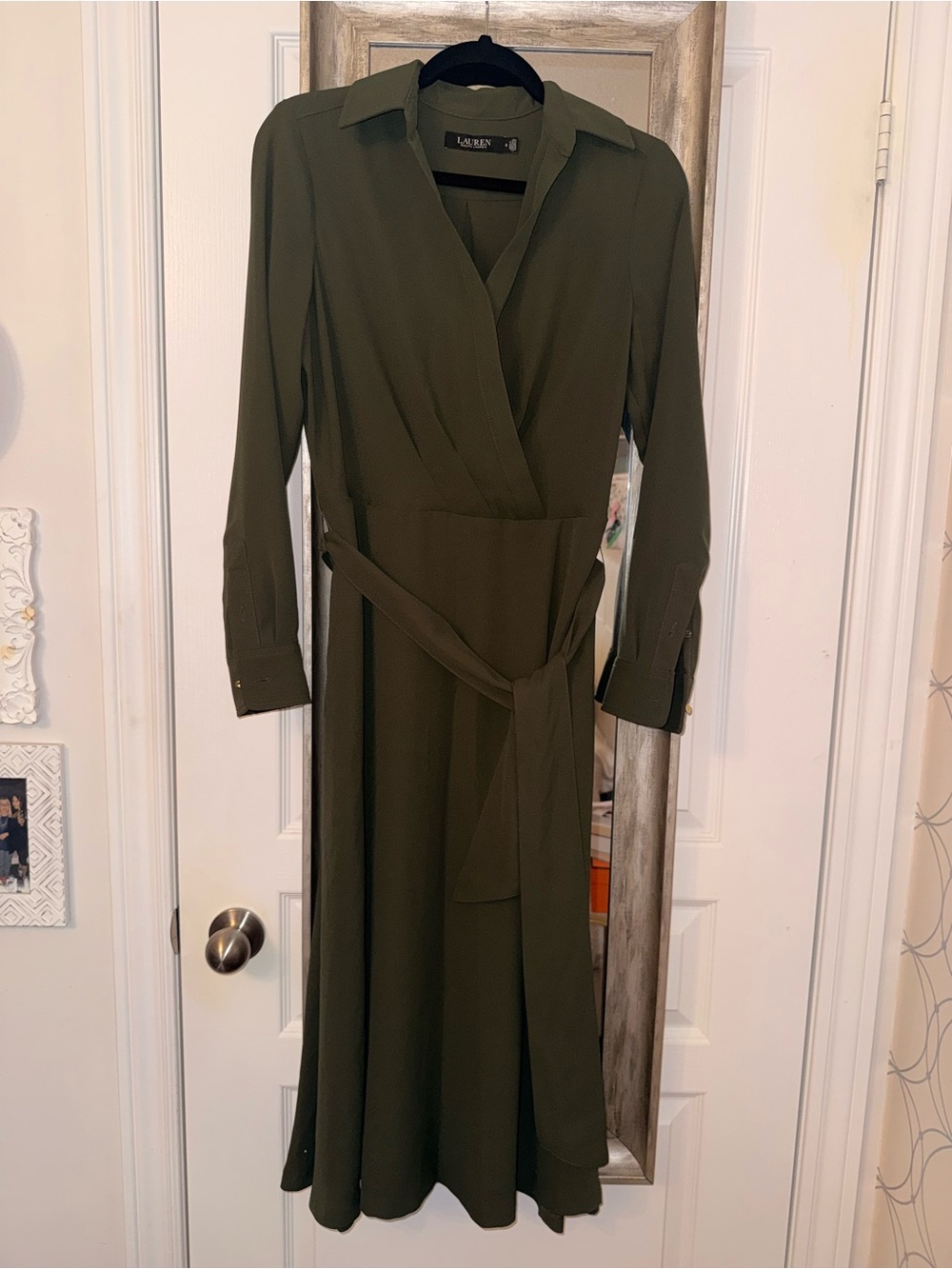 Lauren Ralph Lauren Surplice Georgette Olive Green Wrap Midi Dress - Elegant - Picture 13 of 14